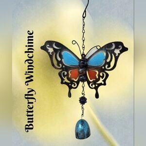 Metal Butterfly Windchime Bell Decorative Marbles Blue Orange Black Cut Out